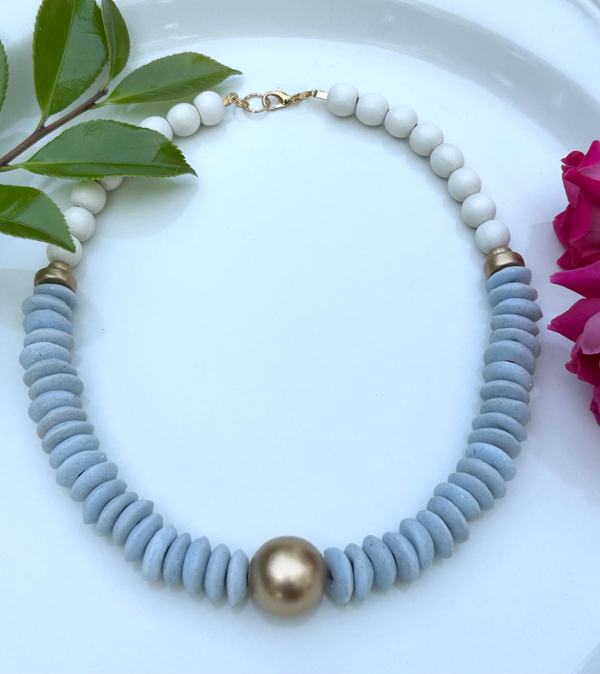 Light Blue & White Wooden Beaded Statement Necklace with Gold Accent UNC Ashanti Glass Beads