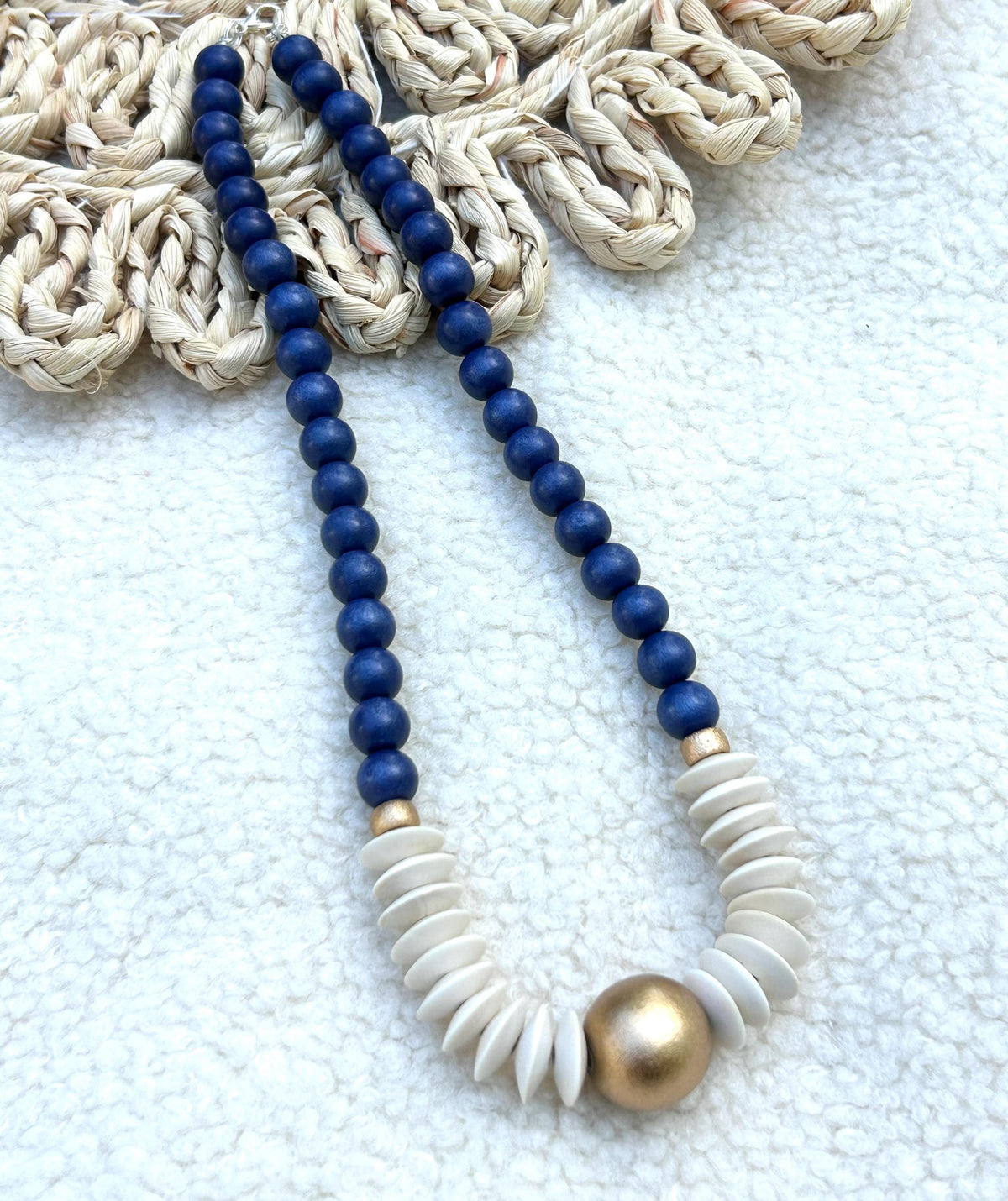 Blue and white Statement necklace beaded jewelry wooden bead lightweight game day jewelry