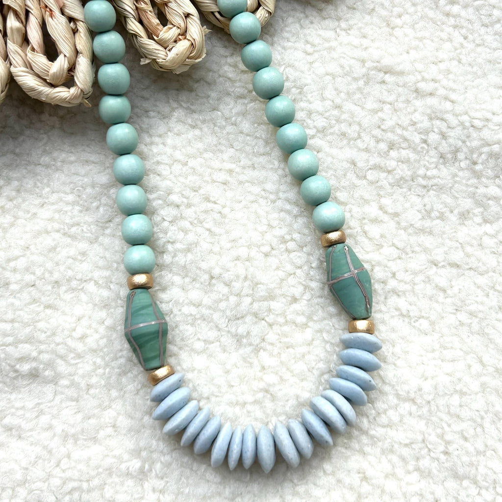Blue Beaded Statement Necklace: Ashanti Glass and Wooden Beads, Game Day Jewelry