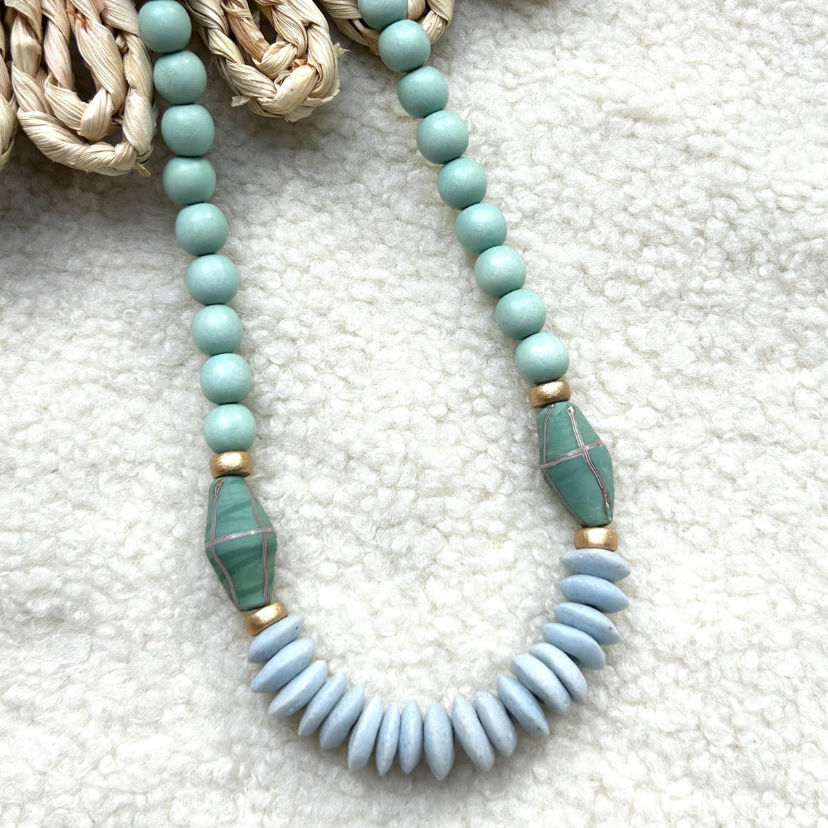 Blue Beaded Statement Necklace: Ashanti Glass and Wooden Beads, Game Day Jewelry