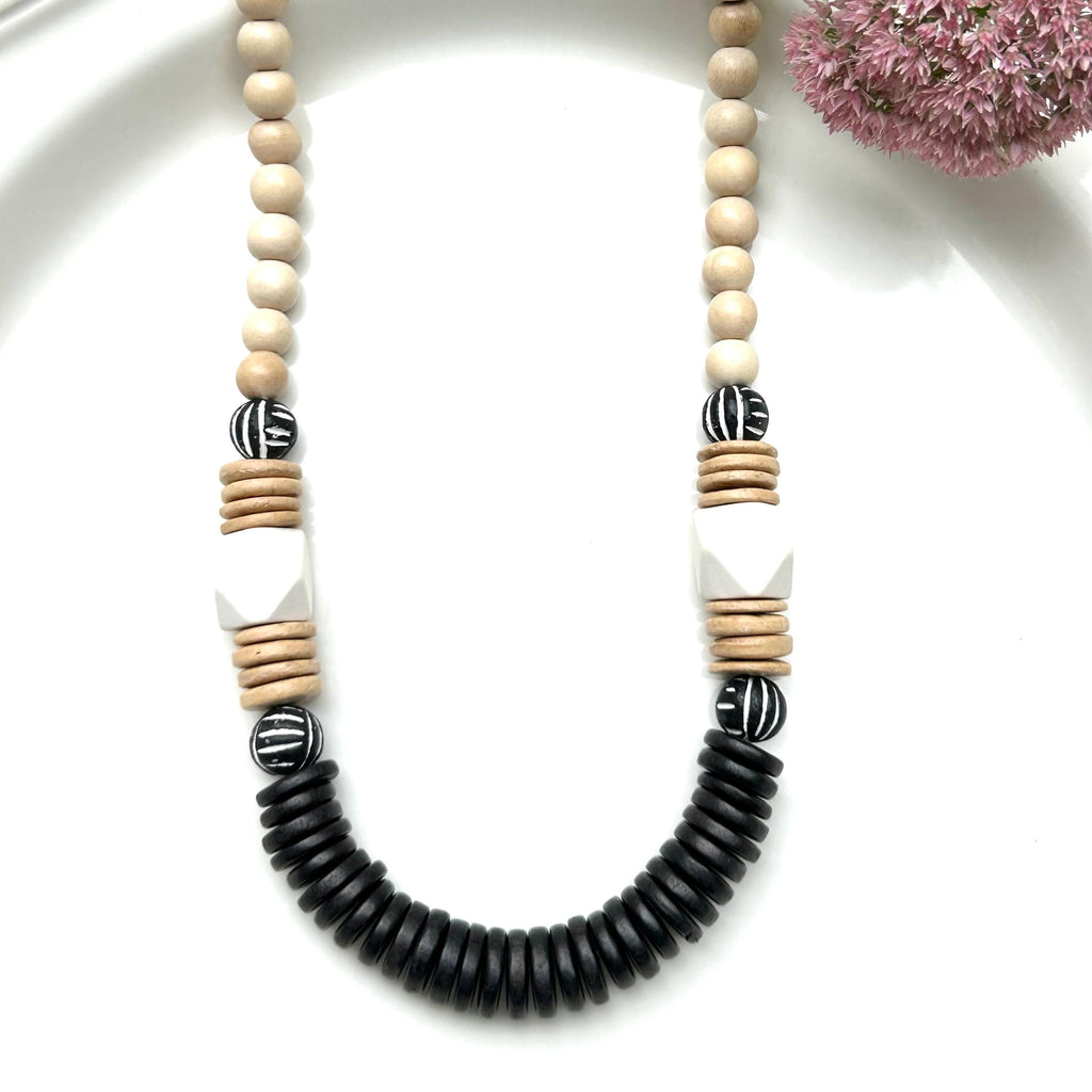 Black and White Chunky Wooden and Bone Bead Statement Necklace Geometric Design