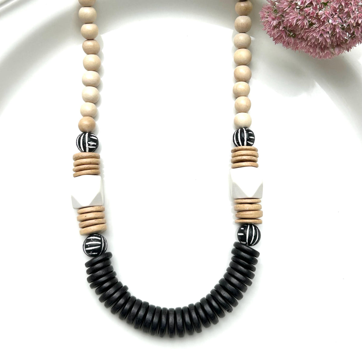 Black and White Chunky Wooden and Bone Bead Statement Necklace Geometric Design