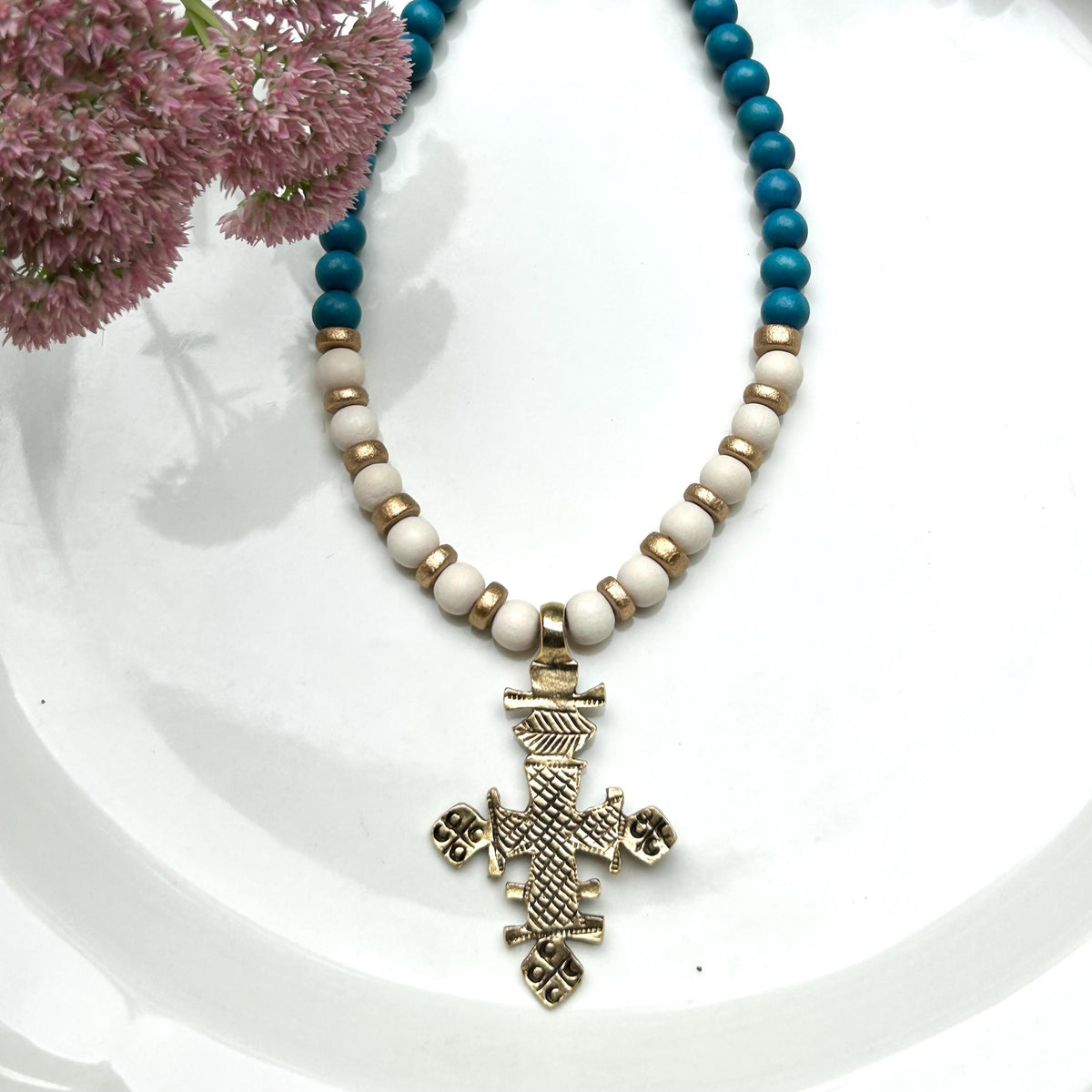 Golden Cross Pendant Necklace: Chunky Blue & White Wooden Beads