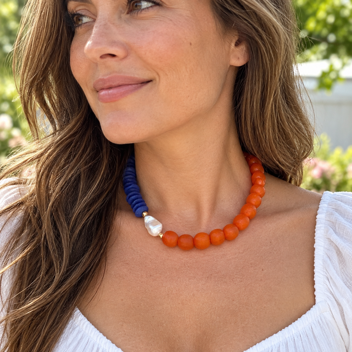 Navy Blue and Orange Game Day Necklace, Ashanti Glass Beaded Necklace, Auburn Necklace, Florida Necklace
