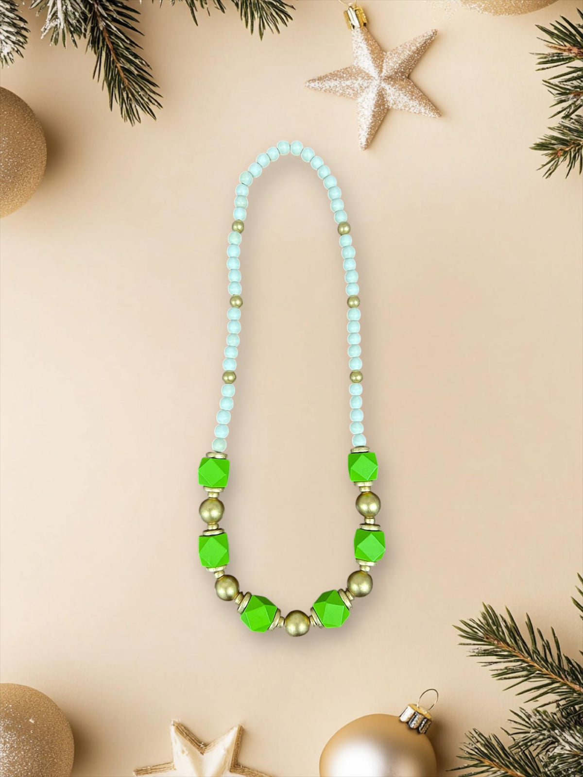 Handmade Green Wooden Beaded Statement Necklace