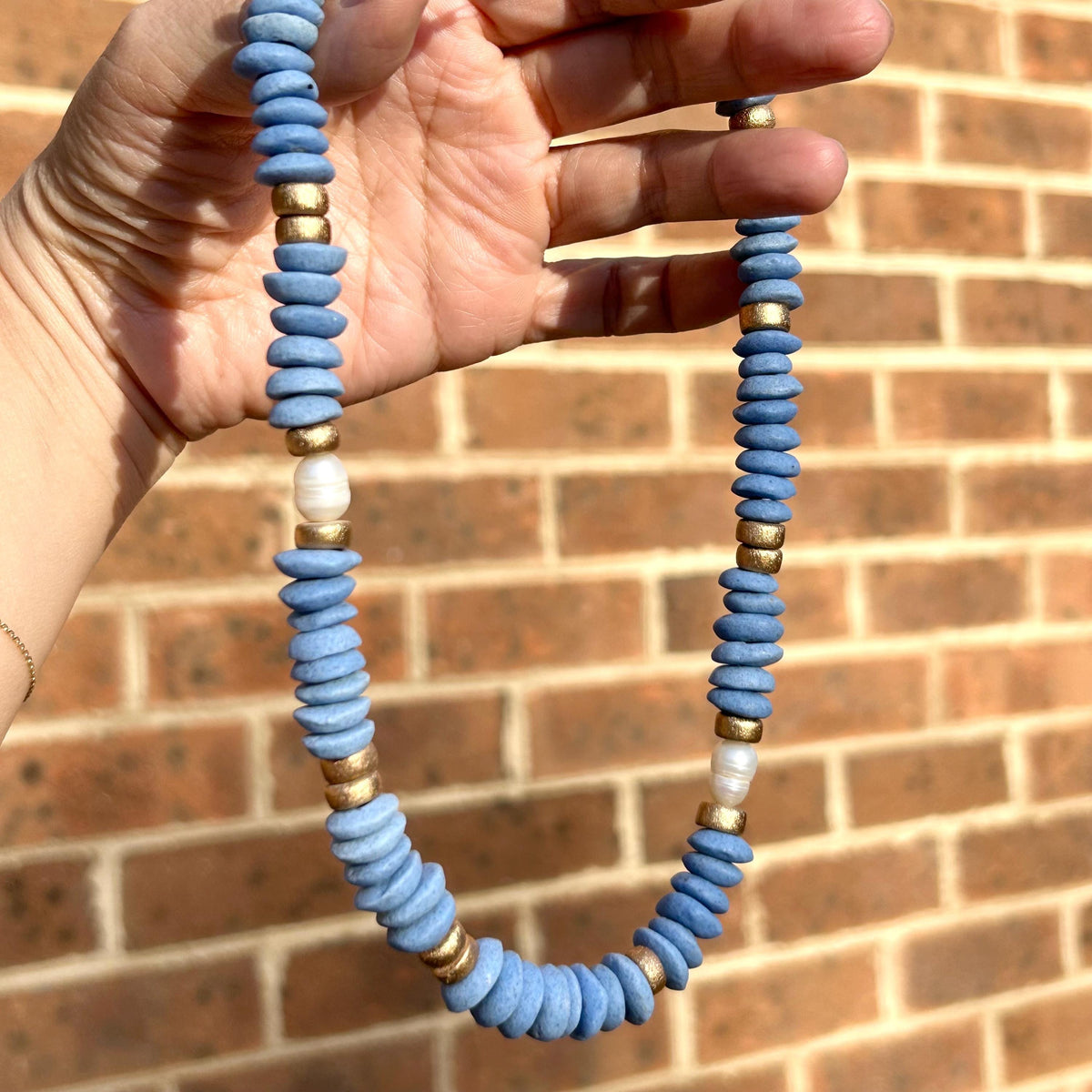 Blue Beaded Statement Necklace: Ashanti Glass Beads and Pearls, UNC Game Day Jewelry