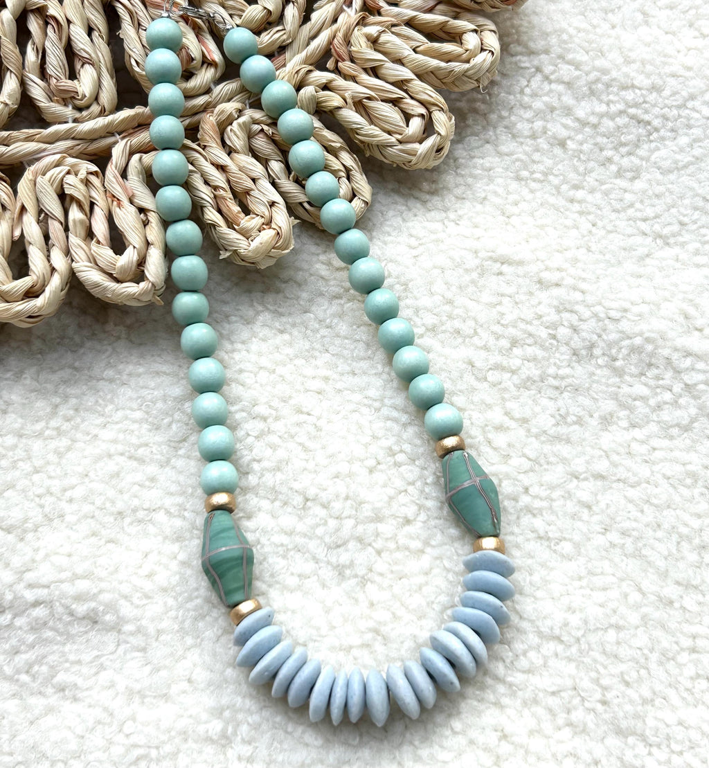 Blue Beaded Statement Necklace: Ashanti Glass and Wooden Beads, Game Day Jewelry