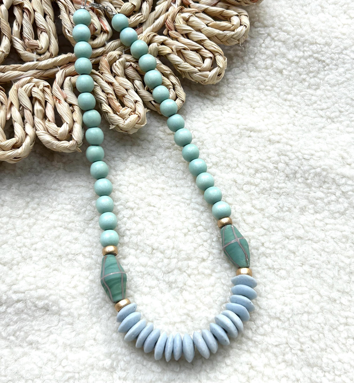 Blue Beaded Statement Necklace: Ashanti Glass and Wooden Beads, Game Day Jewelry