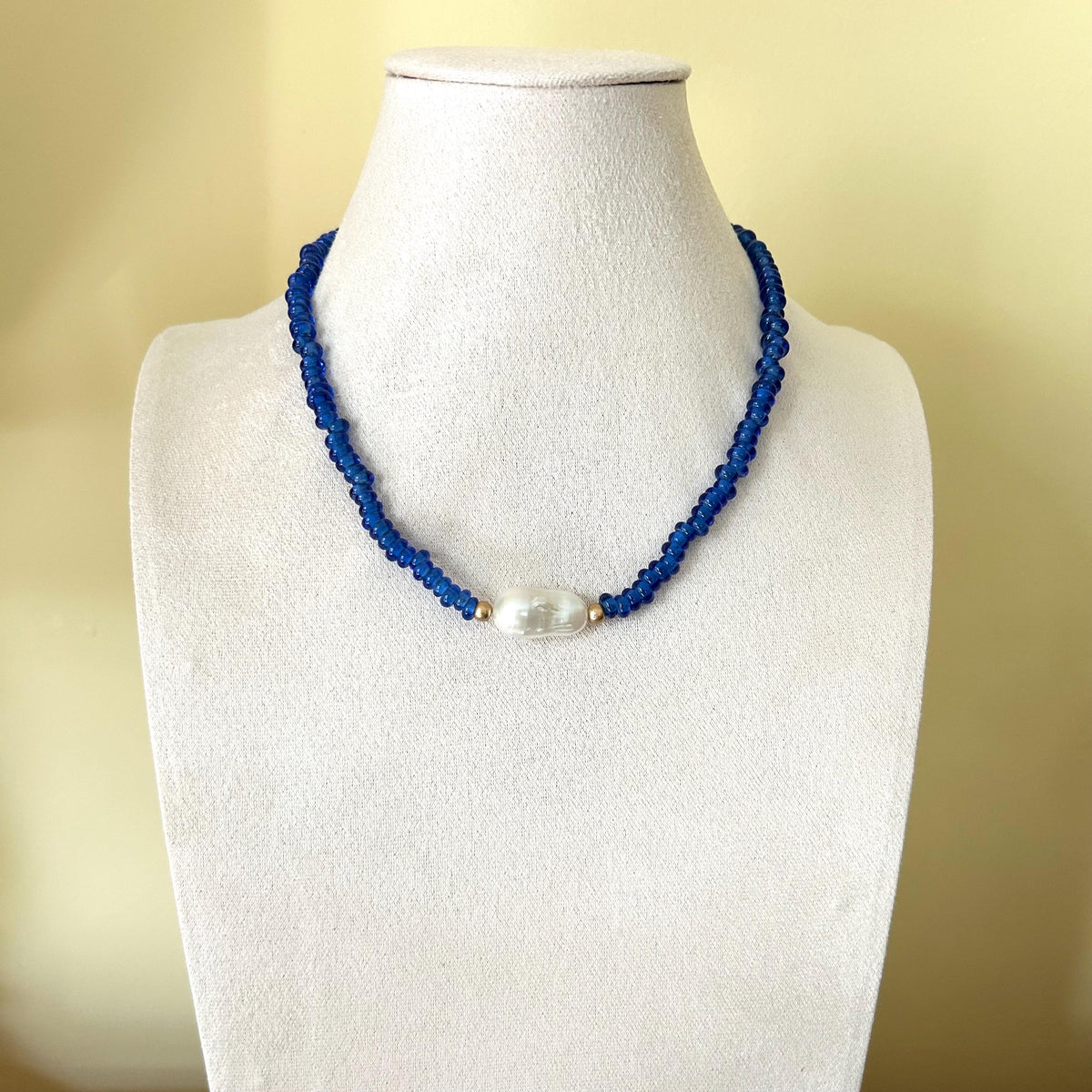 Blue Glass Beaded Statement Necklace: Glass Beads, Baroque Pearl Pendant