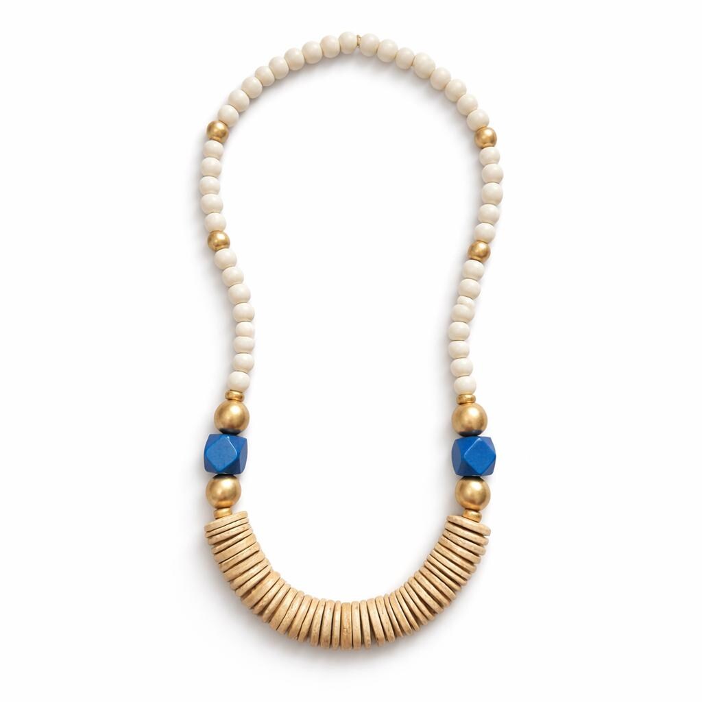 Handmade Wooden Beaded Statement Necklace - Blue & Gold, 30 inch