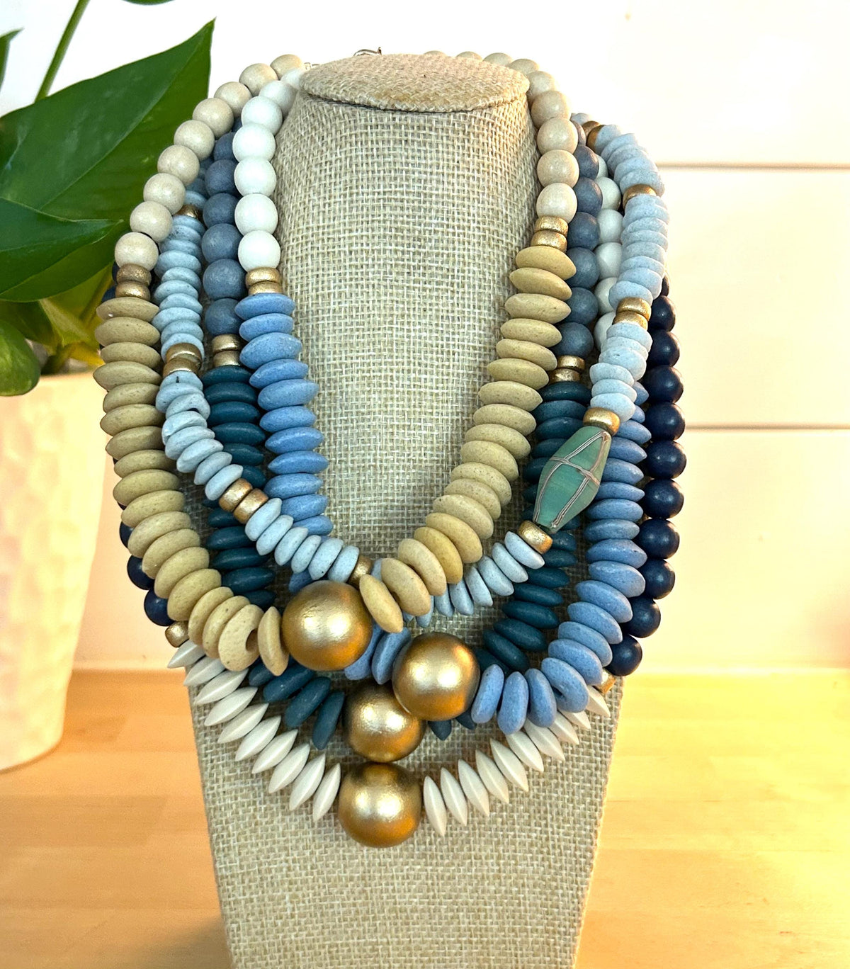 Blue Beaded Statement Necklace: Ashanti Glass Beads, UNC Game Day Jewelry