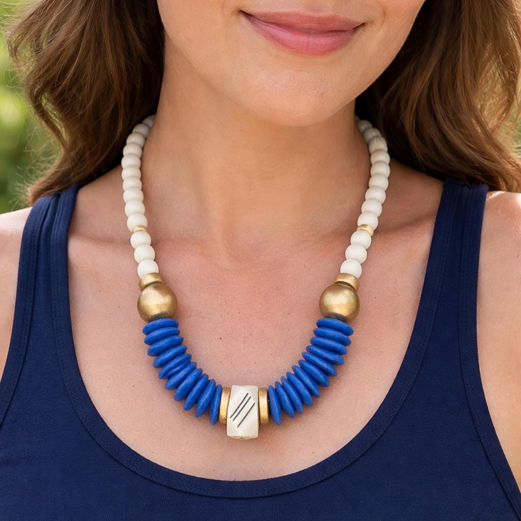 Blue Statement Necklace Ashanti Glass Beads Bone & Wooden Bead Jewelry
