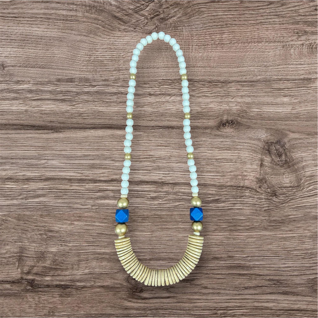 Handmade Wooden Beaded Statement Necklace - Blue & Gold, 30 inch