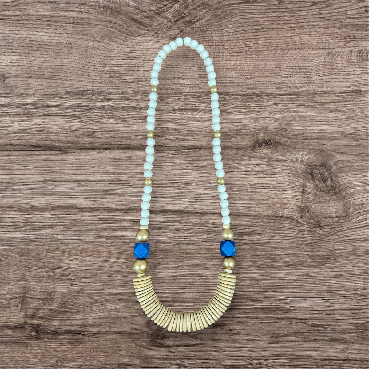 Handmade Wooden Beaded Statement Necklace - Blue & Gold, 30 inch