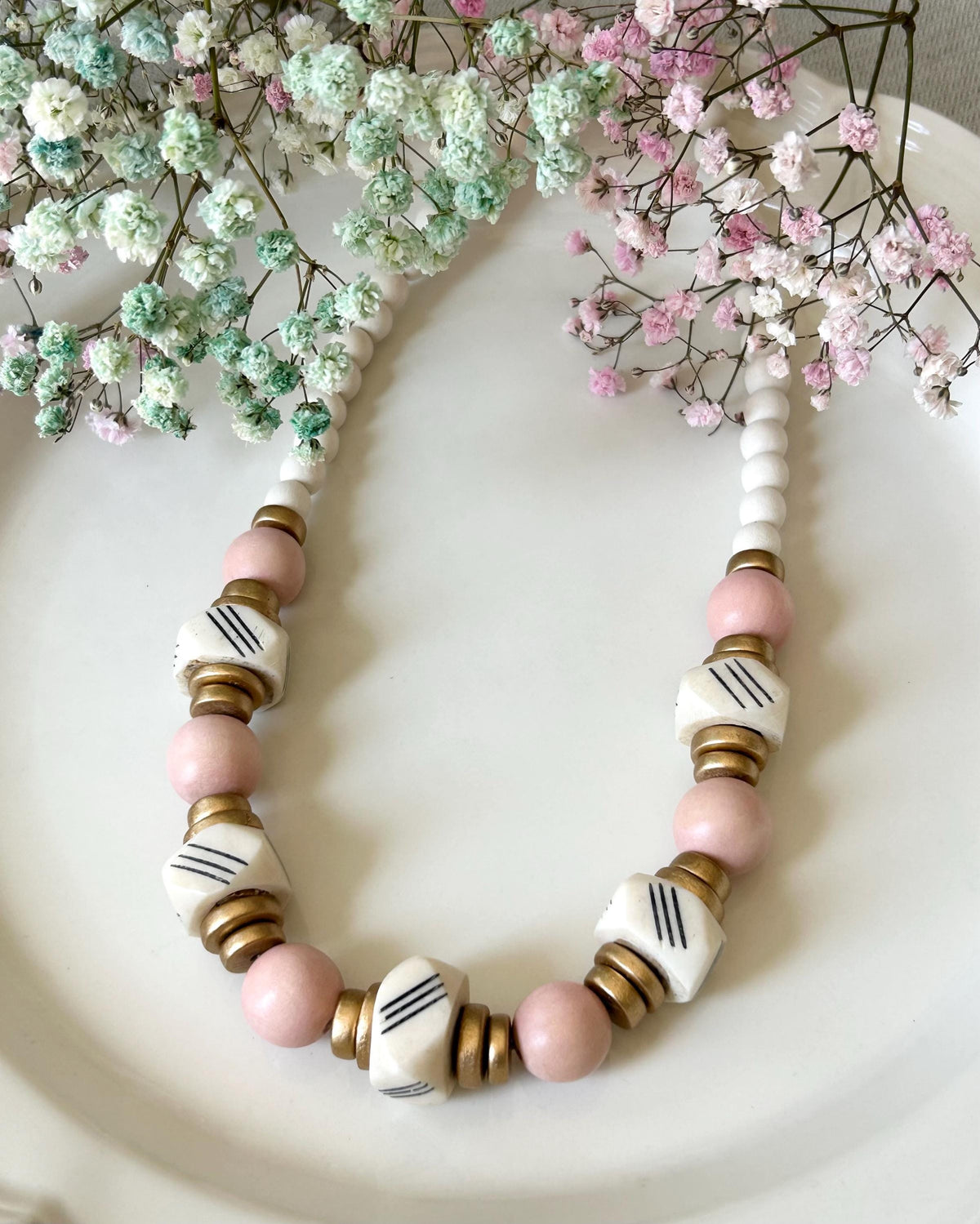 Pink Wooden Bead Statement Necklace: Bone Cube Accent, Valentines Gift