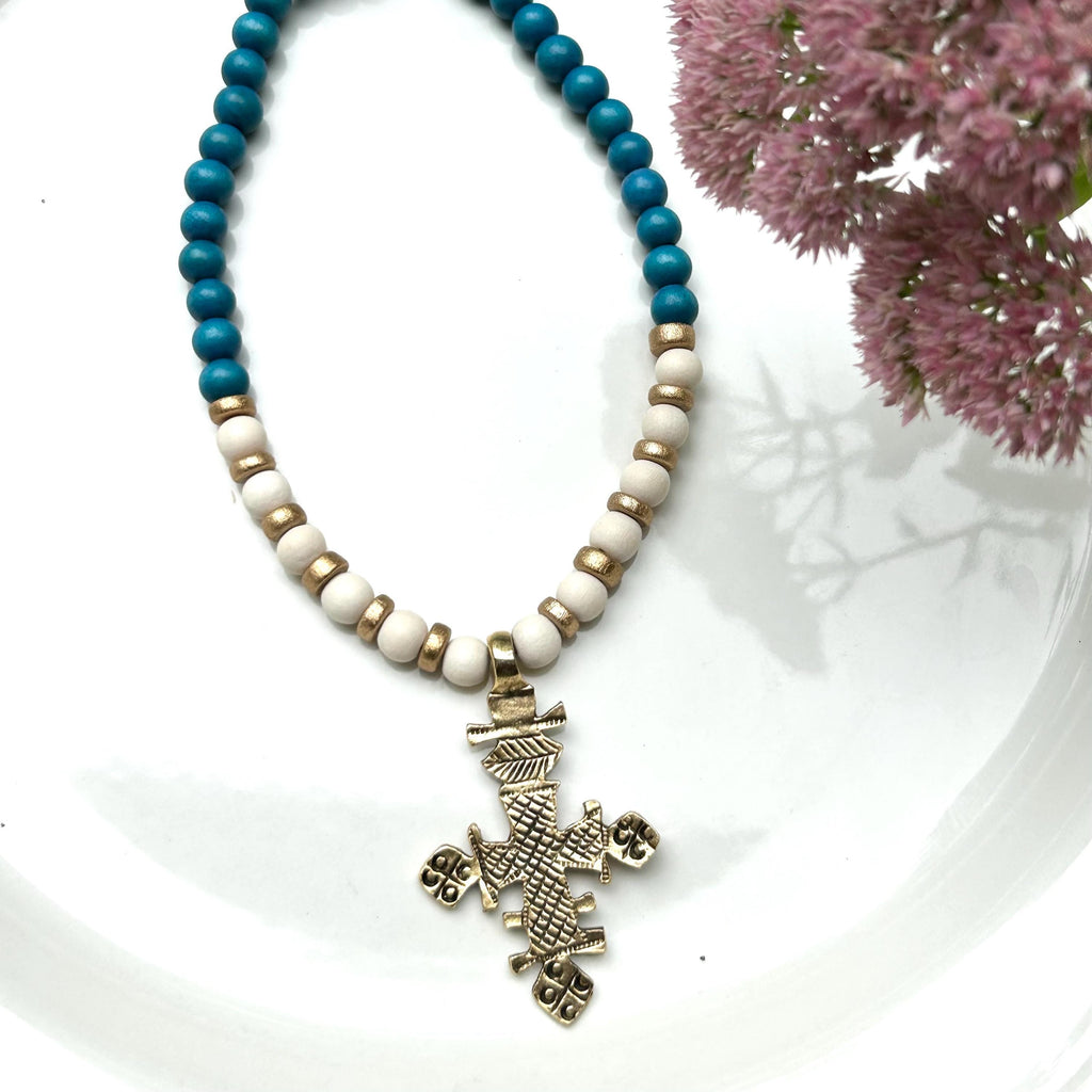 Golden Cross Pendant Necklace: Chunky Blue & White Wooden Beads