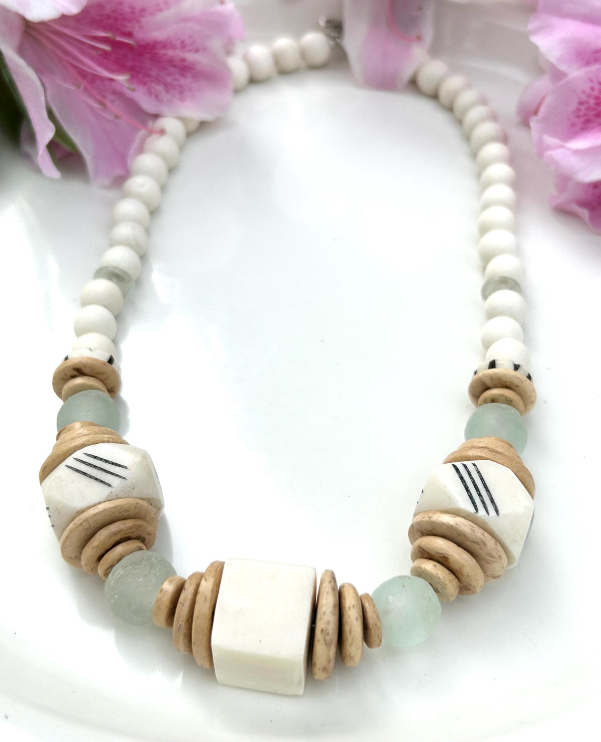 Handmade Beaded Statement Necklace: Bone, Wood and Glass