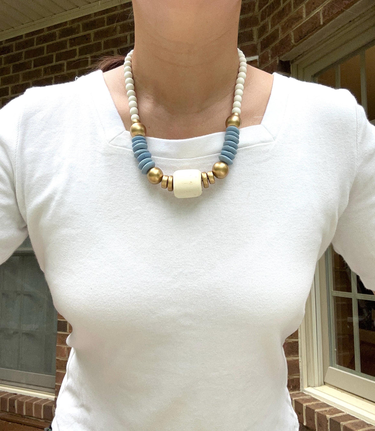 Beaded Statement Necklace: Bone Bead, Carolina Blue Ashanti Glass Beads