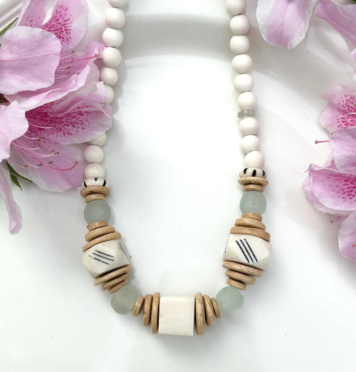 Handmade Beaded Statement Necklace: Bone, Wood and Glass