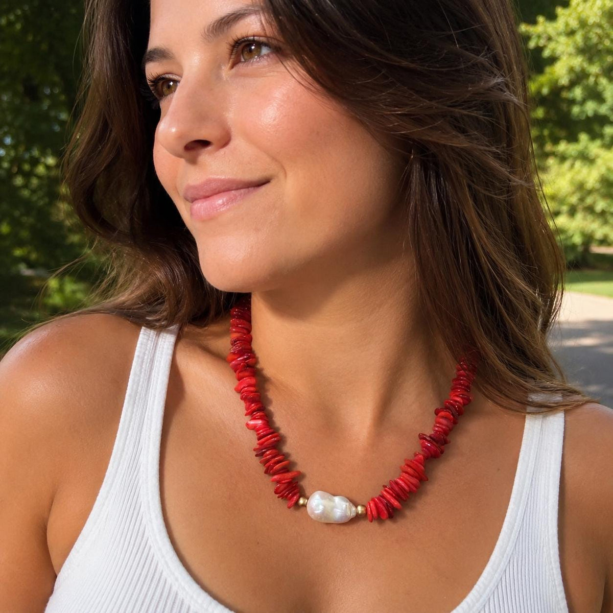 Red Shell Beaded Statement Necklace, Baroque Pearl Pendant