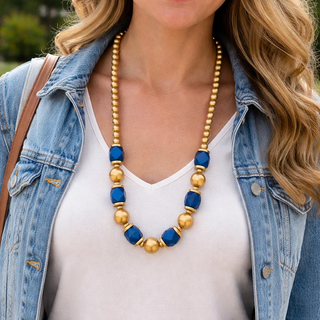 Blue and Gold Wooden Beaded Necklace, 30 Inch Statement Jewelry
