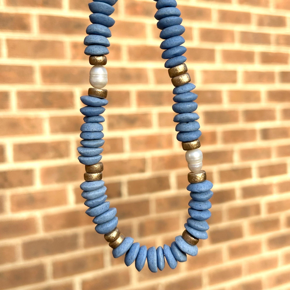 Blue Beaded Statement Necklace: Ashanti Glass Beads and Pearls, UNC Game Day Jewelry