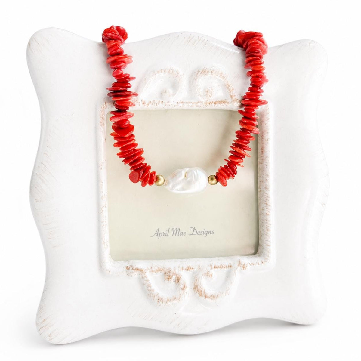 Red Shell Beaded Statement Necklace, Baroque Pearl Pendant