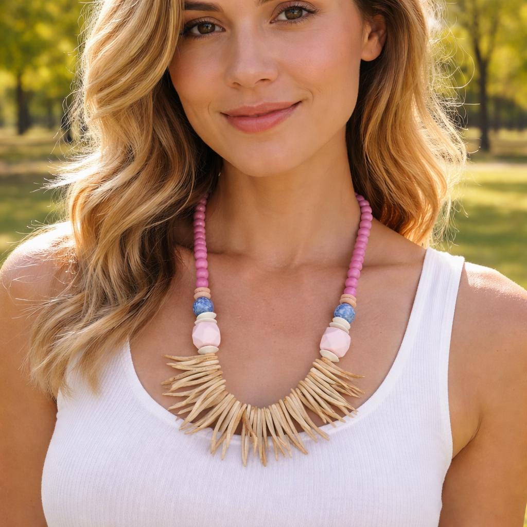 Chunky Wood Coconut Bead Necklace: Pink, Cream, Blue Statement Jewelry