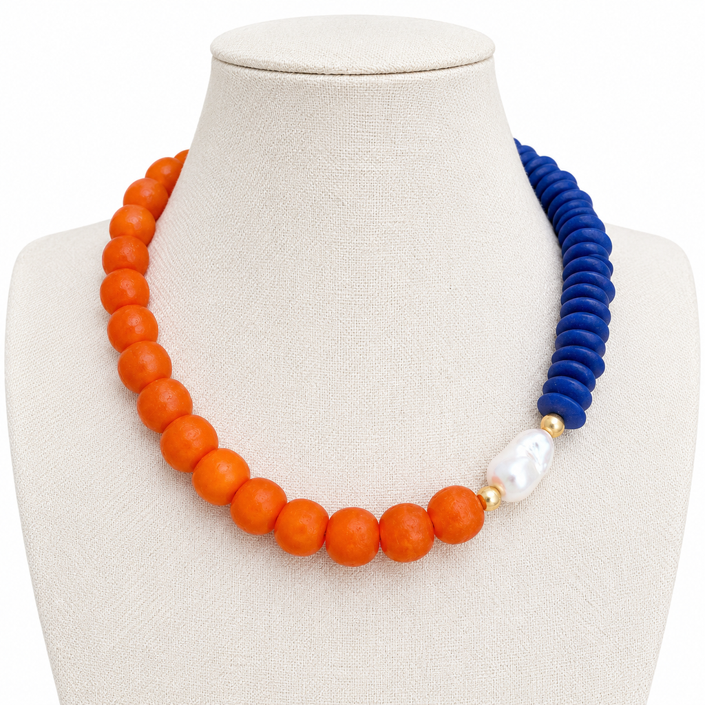 Navy Blue and Orange Game Day Necklace, Ashanti Glass Beaded Necklace, Auburn Necklace, Florida Necklace