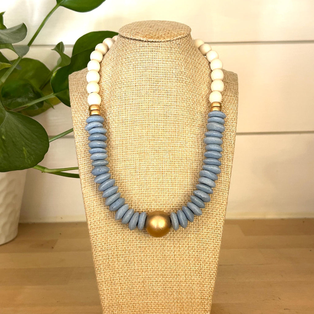 Carolina Blue Statement Necklace, Ashanti Glass, Wooden Beads, Gameday Jewelry