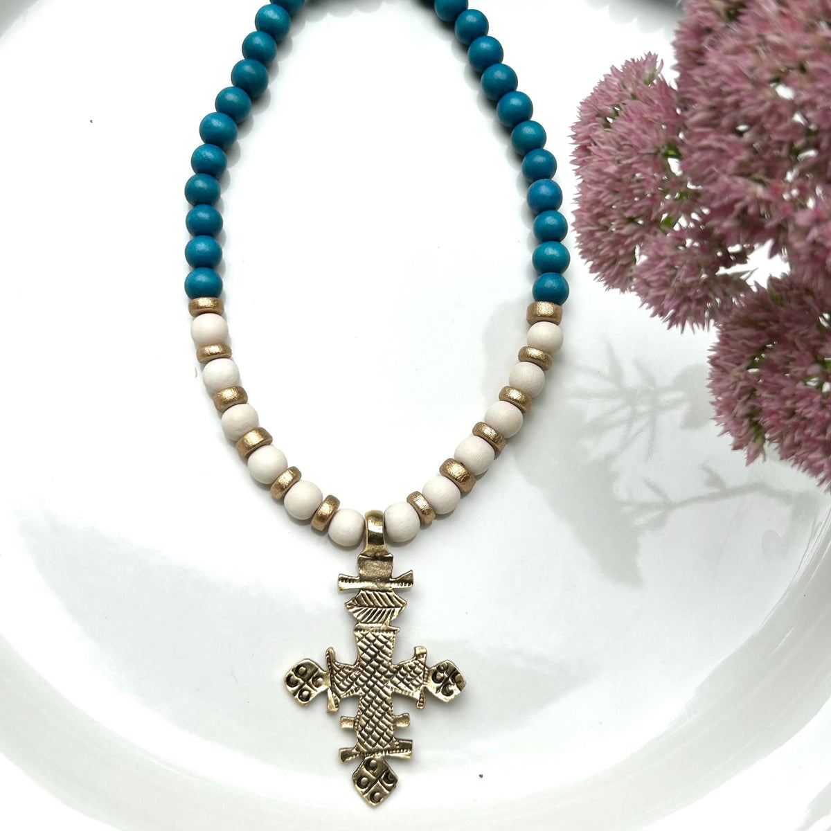 Golden Cross Pendant Necklace: Chunky Blue & White Wooden Beads
