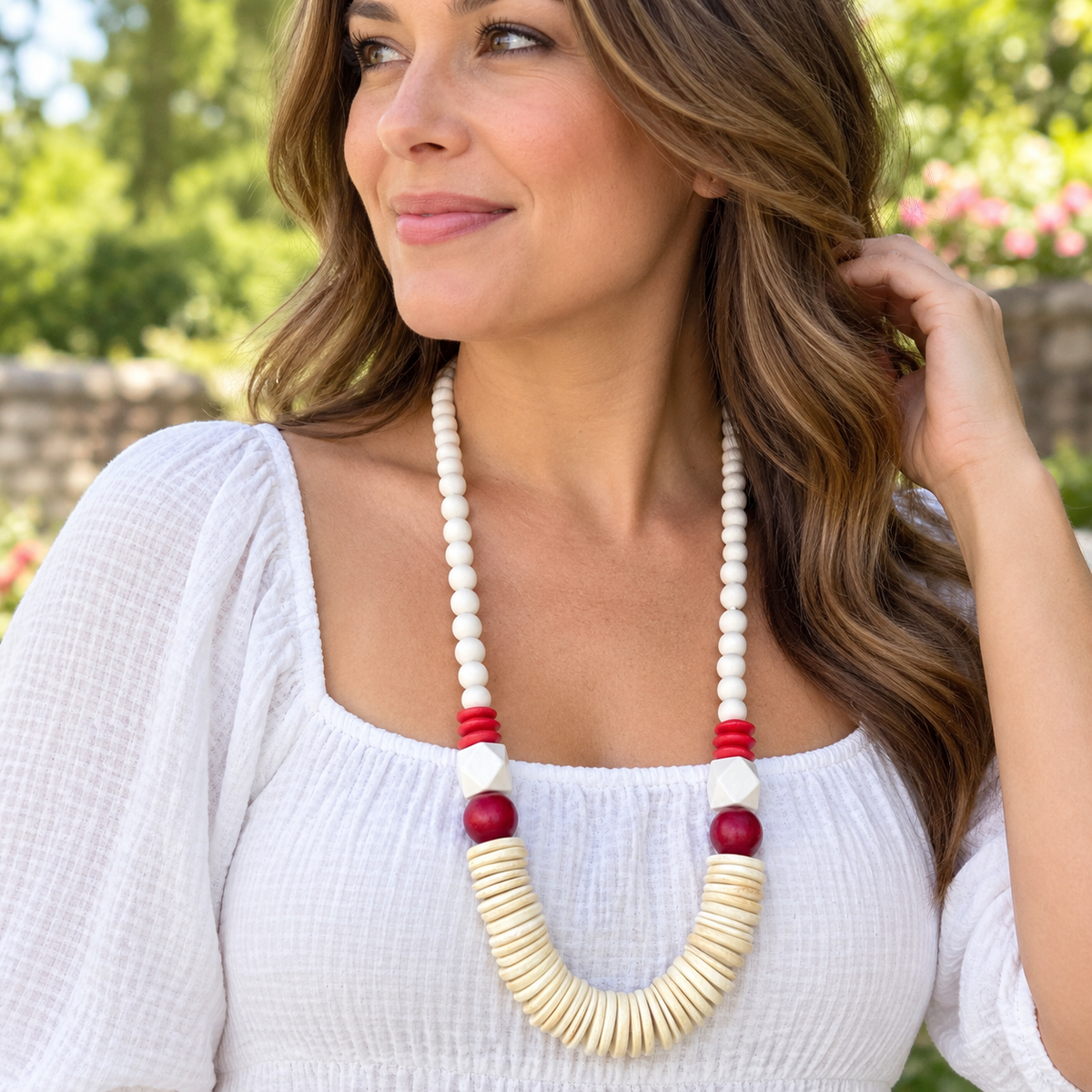 Red and White Alabama Game Day Necklace, Ashanti Glass Beaded Necklace, NC State Game Day Necklace