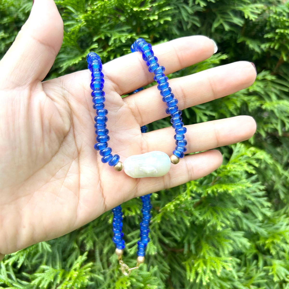 Blue Glass Beaded Statement Necklace: Glass Beads, Baroque Pearl Pendant