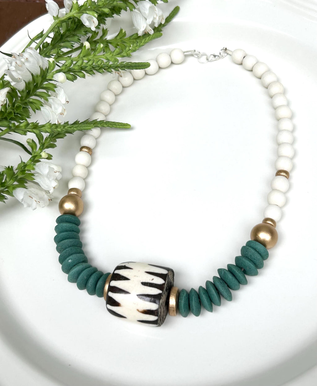 Green Wooden Bead Statement Necklace: Ashanti Glass & Bone Pendant