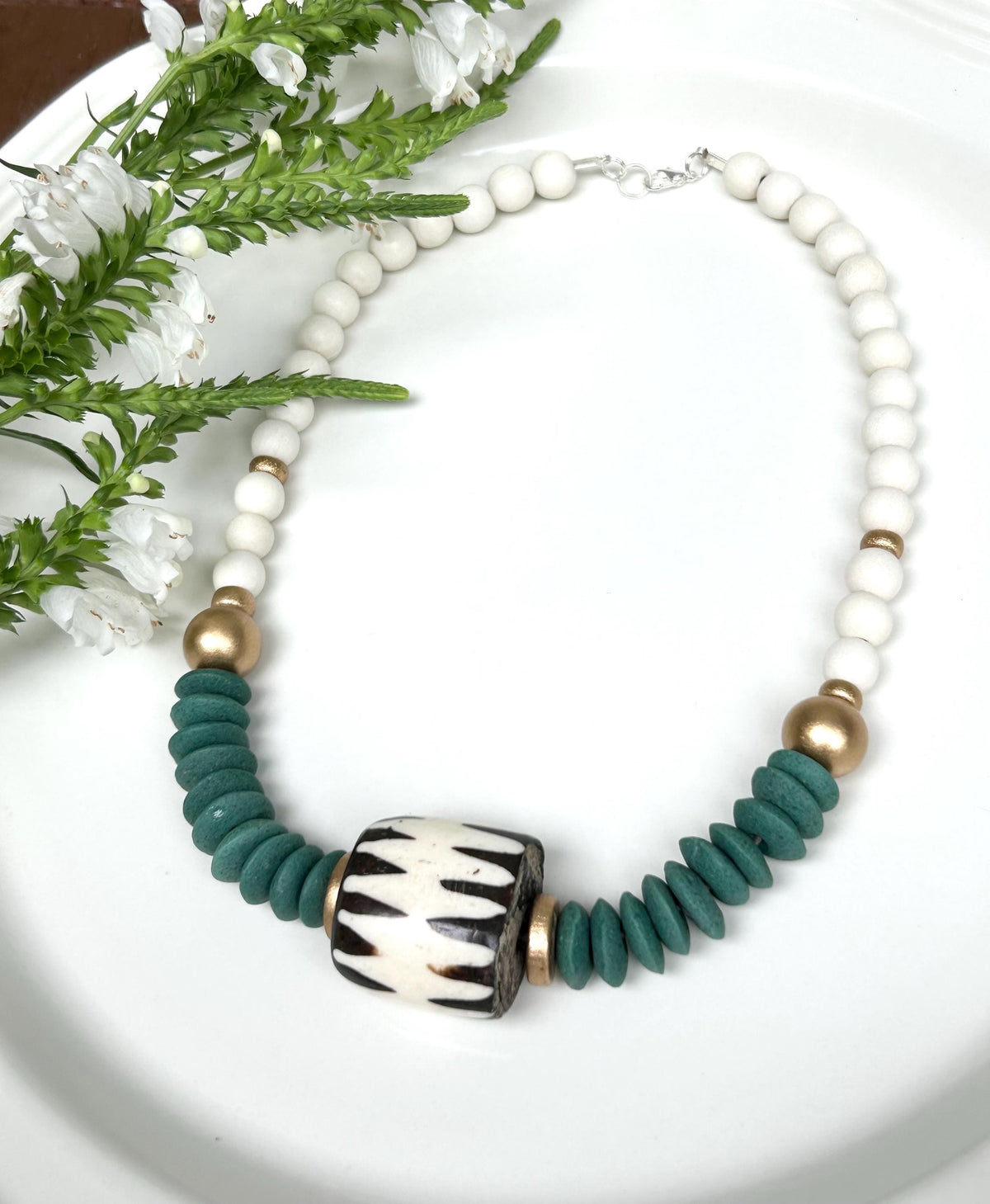 Green Wooden Bead Statement Necklace: Ashanti Glass & Bone Pendant