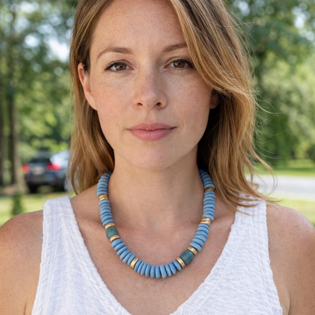 Handmade Carolina Blue Statement Necklace, Ashanti Glass Beads, UNC Gameday Jewelry