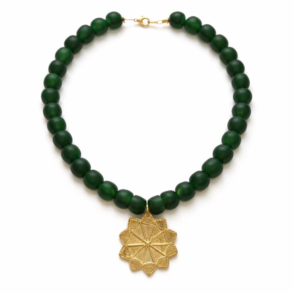 Green Glass Beaded Statement Necklace: Chunky Glass Beads, Metal Pendant
