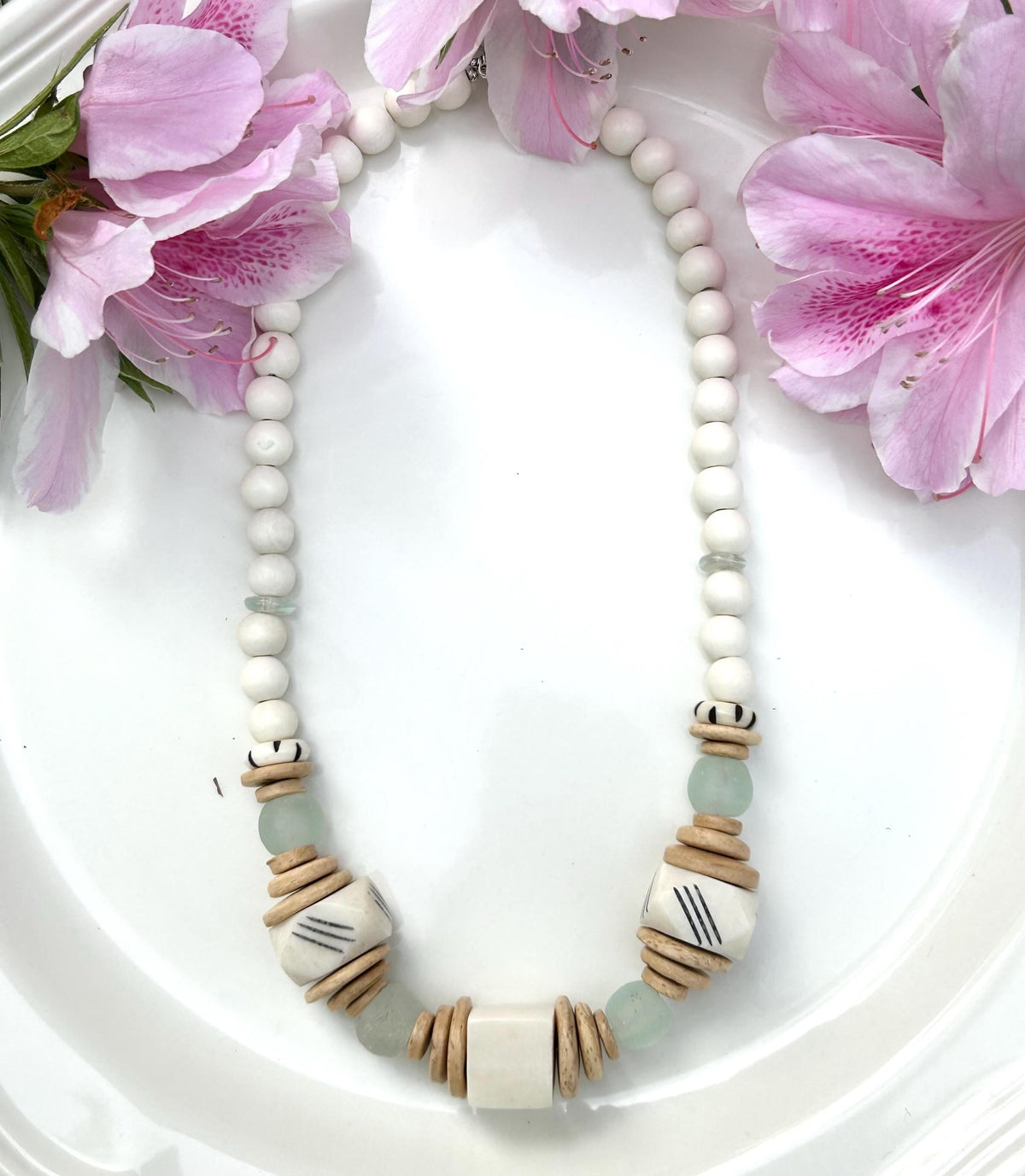 Handmade Beaded Statement Necklace: Bone, Wood and Glass