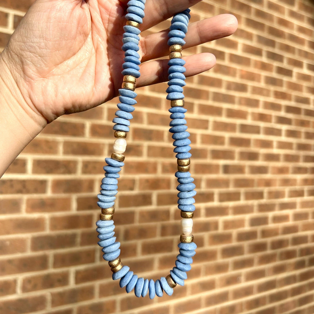 Blue Beaded Statement Necklace: Ashanti Glass Beads and Pearls, UNC Game Day Jewelry