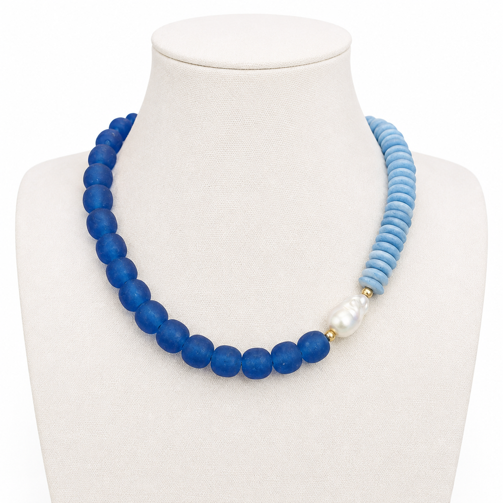 Handmade Carolina Blue Statement Necklace, Ashanti Glass Disk Beads, Gameday Jewelry
