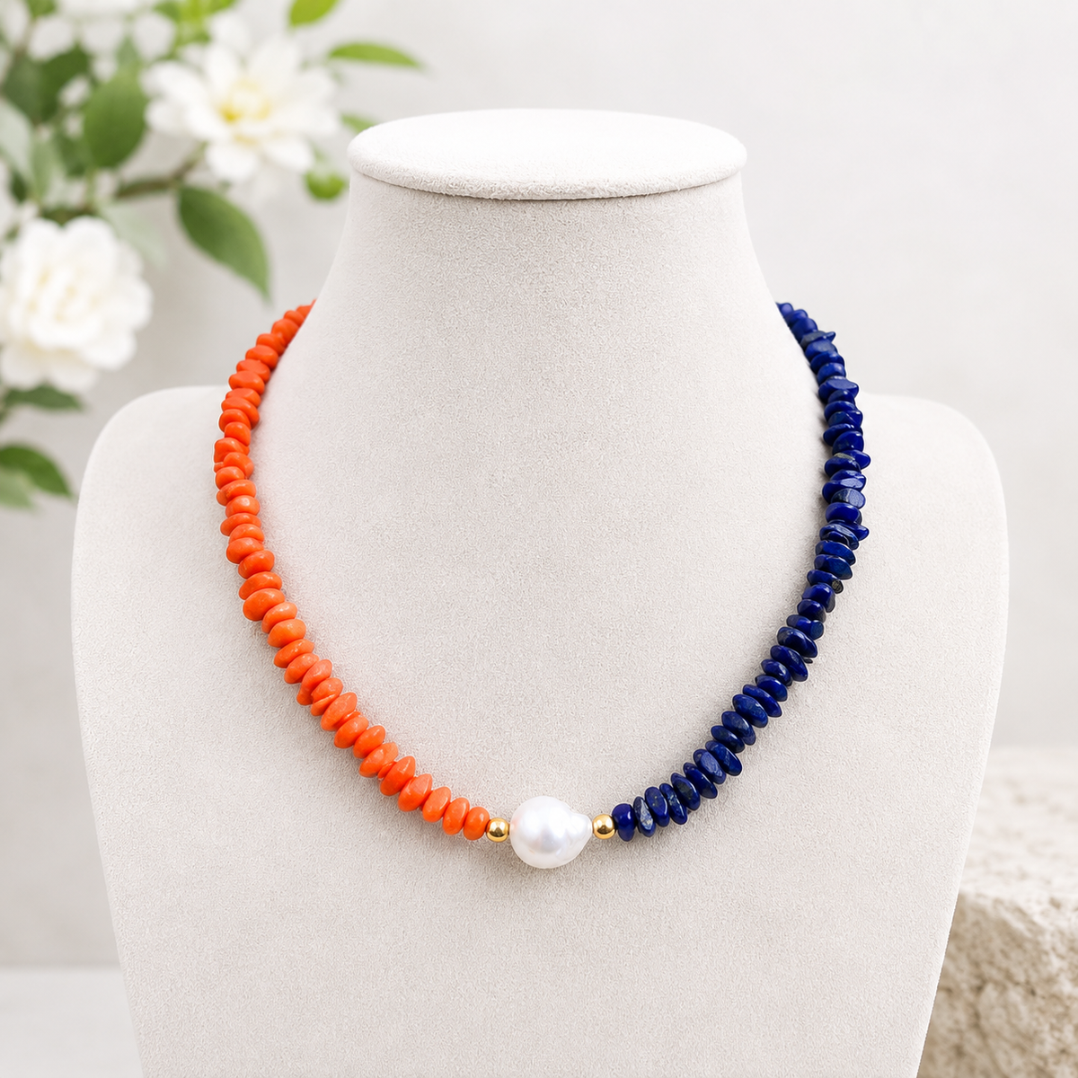 Blue and Orange Football Shaped Statement Necklace: Glass Beads, Baroque Pearl Accent