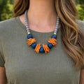 Chunky Wooden Bead Statement Necklace Orange & Blue Colors Game Day Jewelry