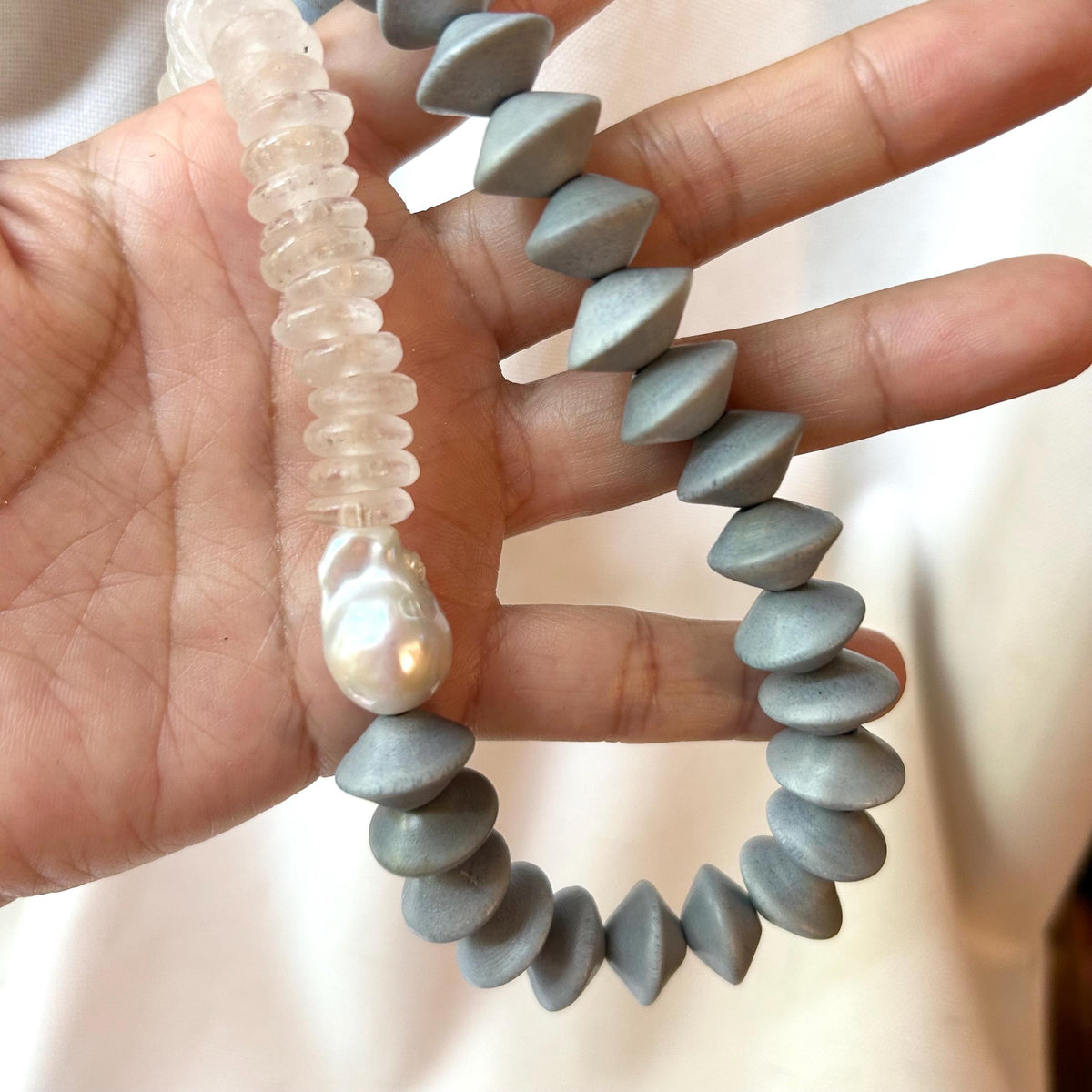 Grey Glass Beaded Statement Necklace: Glass Beads, Baroque Pearl Accent