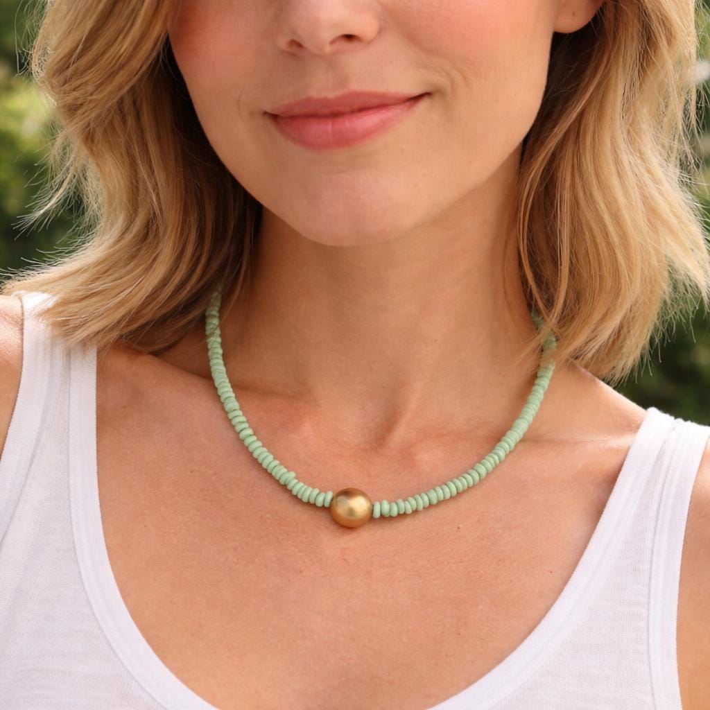 Light Green Beaded Statement Necklace: Java Glass Beads, Wooden Gold Color Pendant