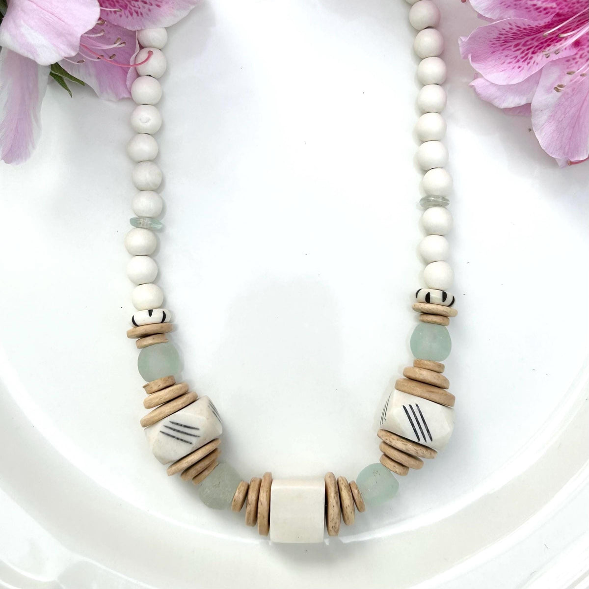 Handmade Beaded Statement Necklace: Bone, Wood and Glass