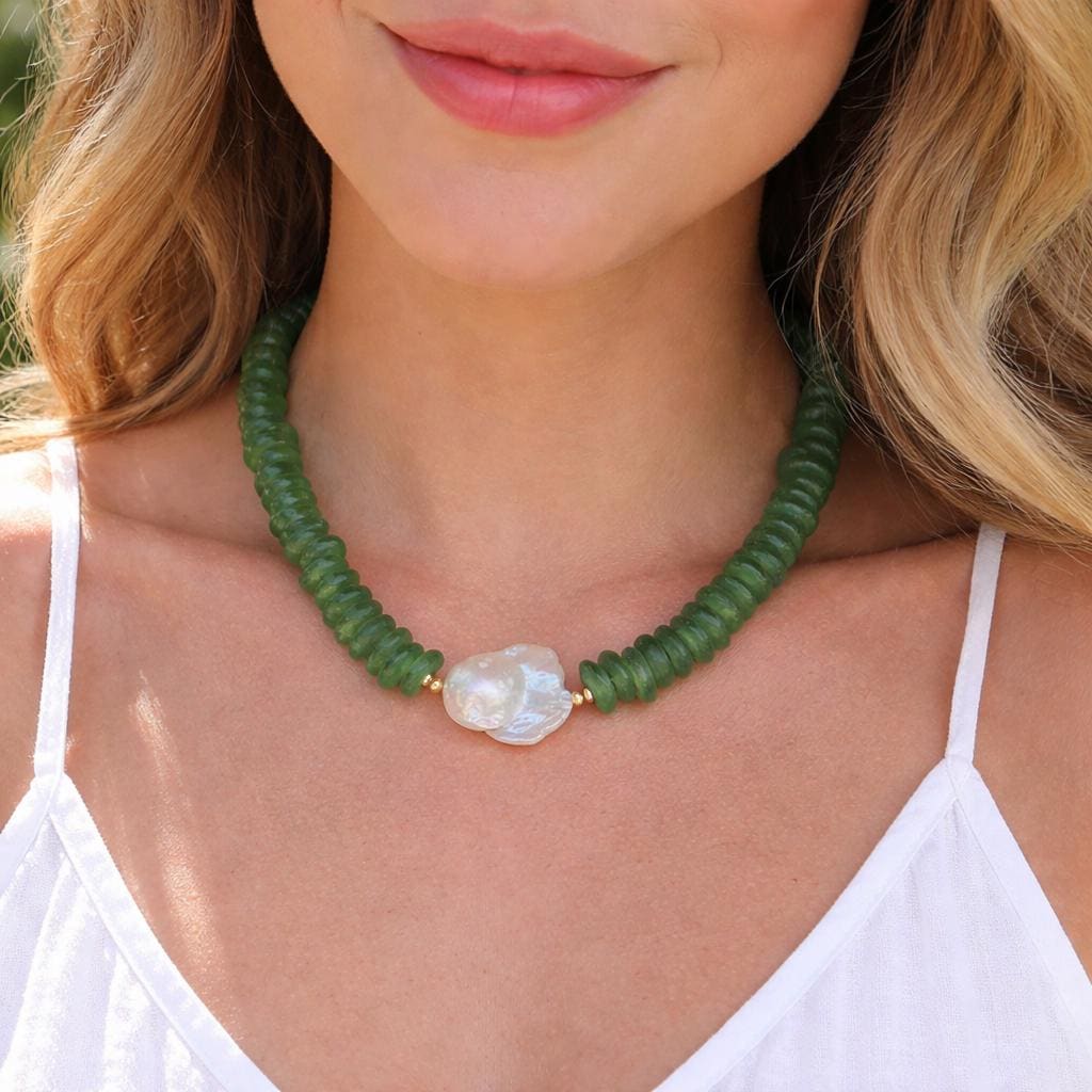 Green Glass Beaded Statement Necklace: Glass Beads, Baroque Pearl Pendant