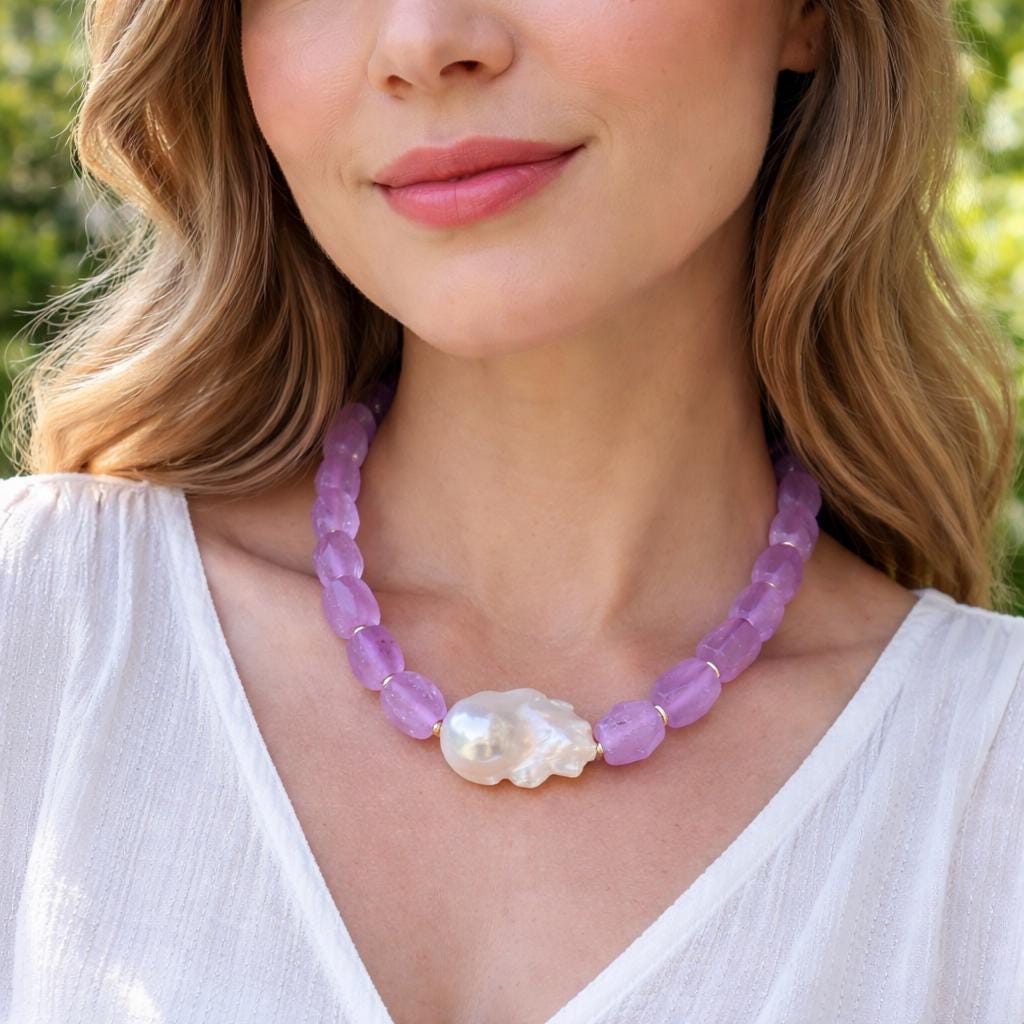 Purple Glass Beaded Statement Necklace: Glass Beads, Baroque Pearl Pendant