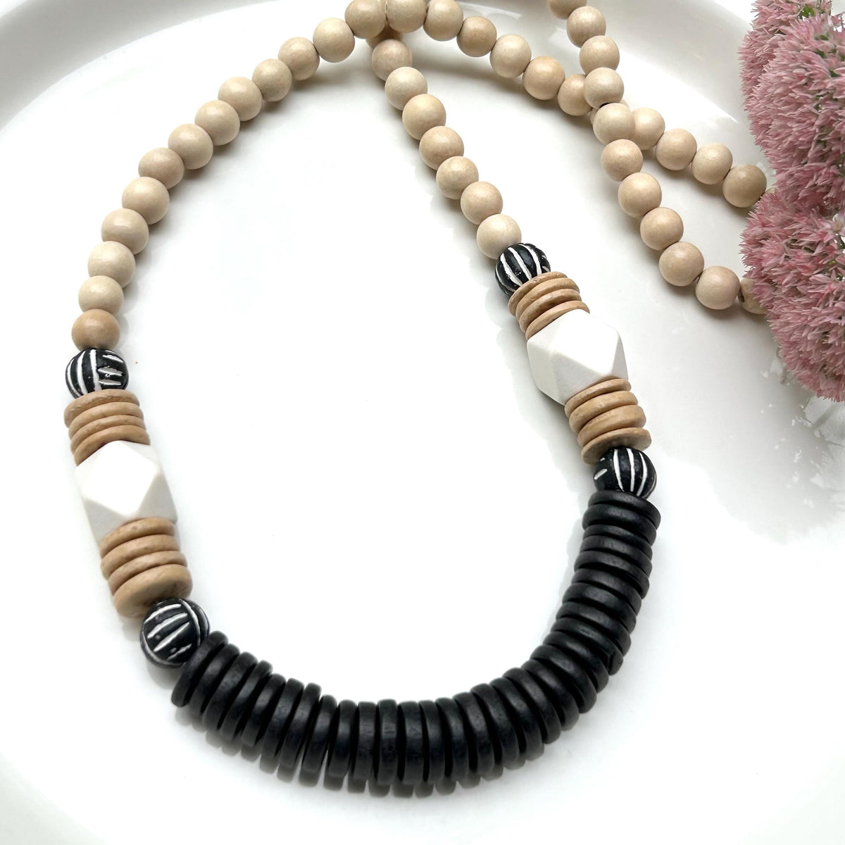 Black and White Chunky Wooden and Bone Bead Statement Necklace Geometric Design
