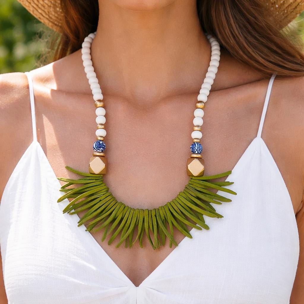Handmade Beaded Statement Necklace: White, Green, and Chinoiserie Beads