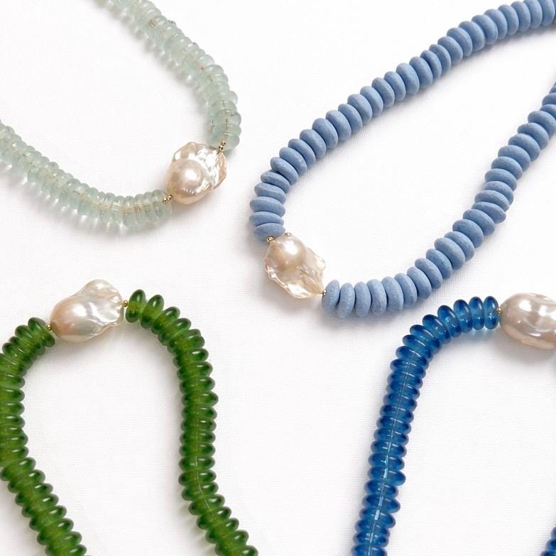 Blue Ashanti Glass Beaded Statement Necklace: Baroque Pearl Pendant
